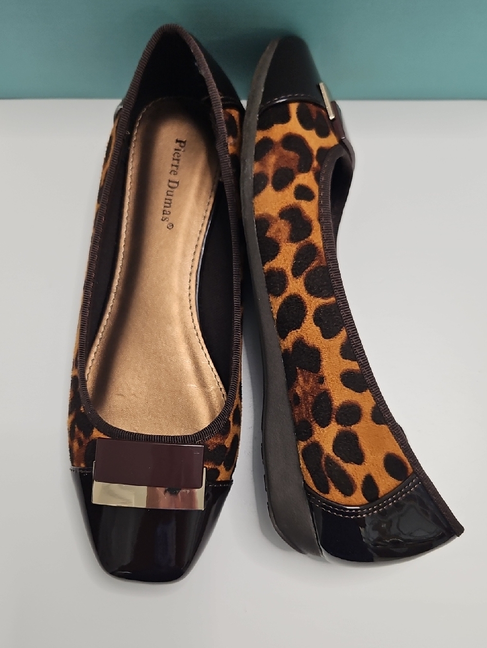 Pierre Dumas Leopard-Pattern Brown & Black Ballet Flats with Gold Accent